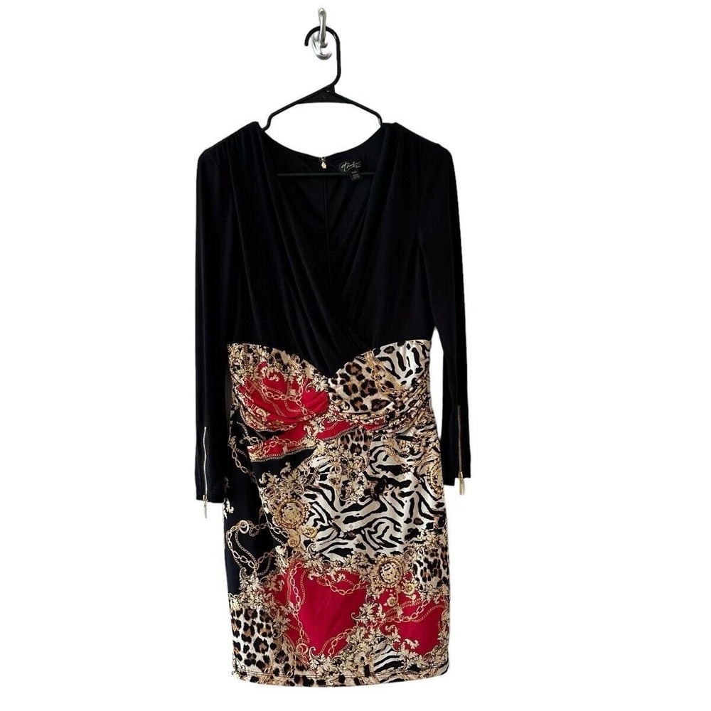 Thalia Sodi Black Red Chain Link Animal Print Sheath Ruched Bodycon LS Zipper M